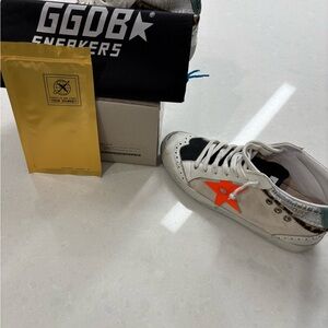 Golden Goose Mid Star Womens Sneakers - White with Orange Star, sz 38